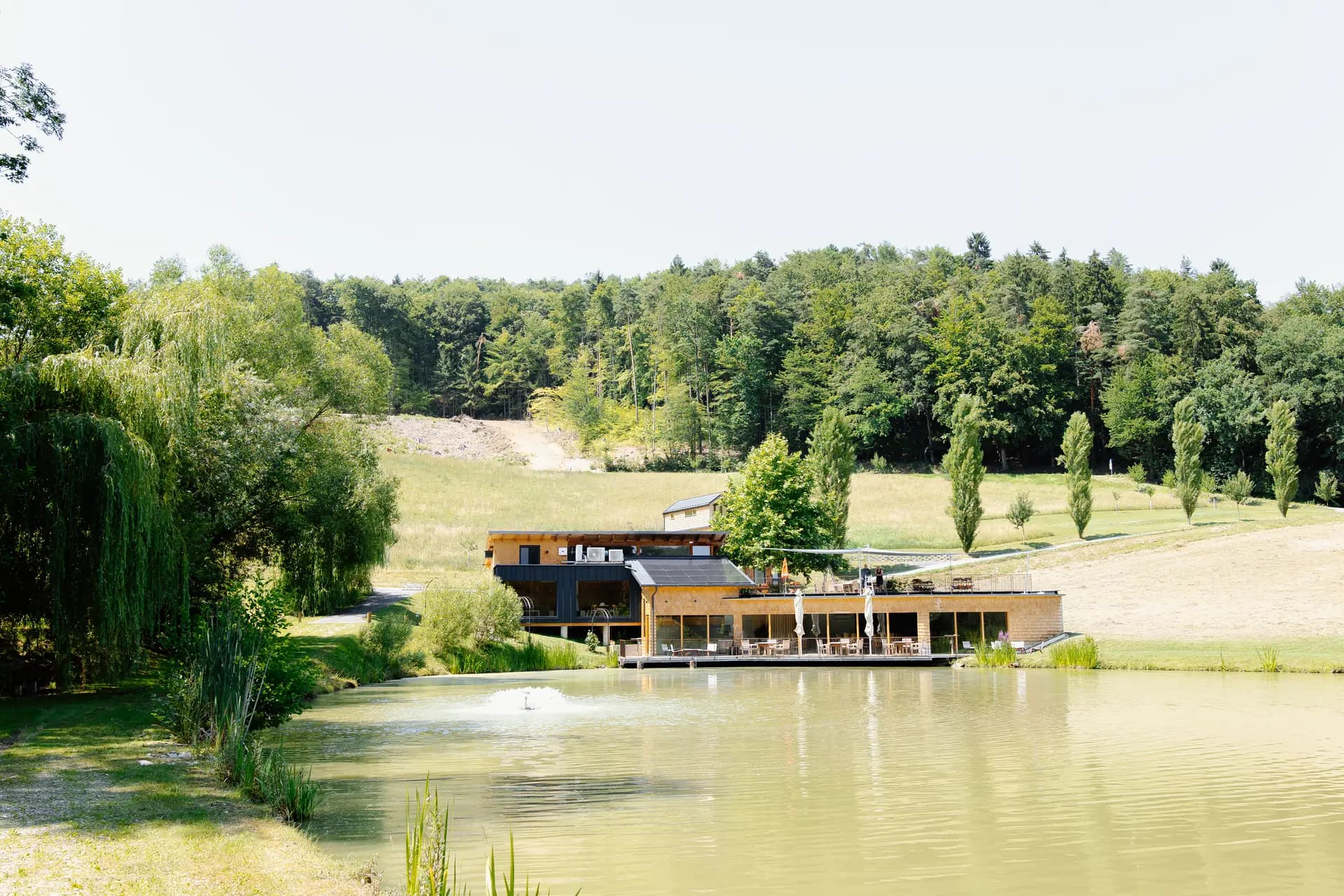 Buschenschank am Teich mit Terrasse und Blick auf Wald und Wiesen